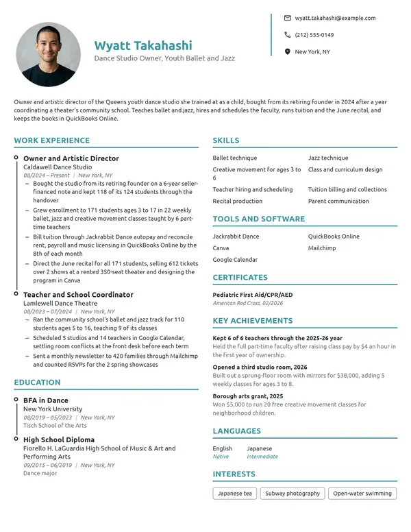 Dance Studio Owner resume example