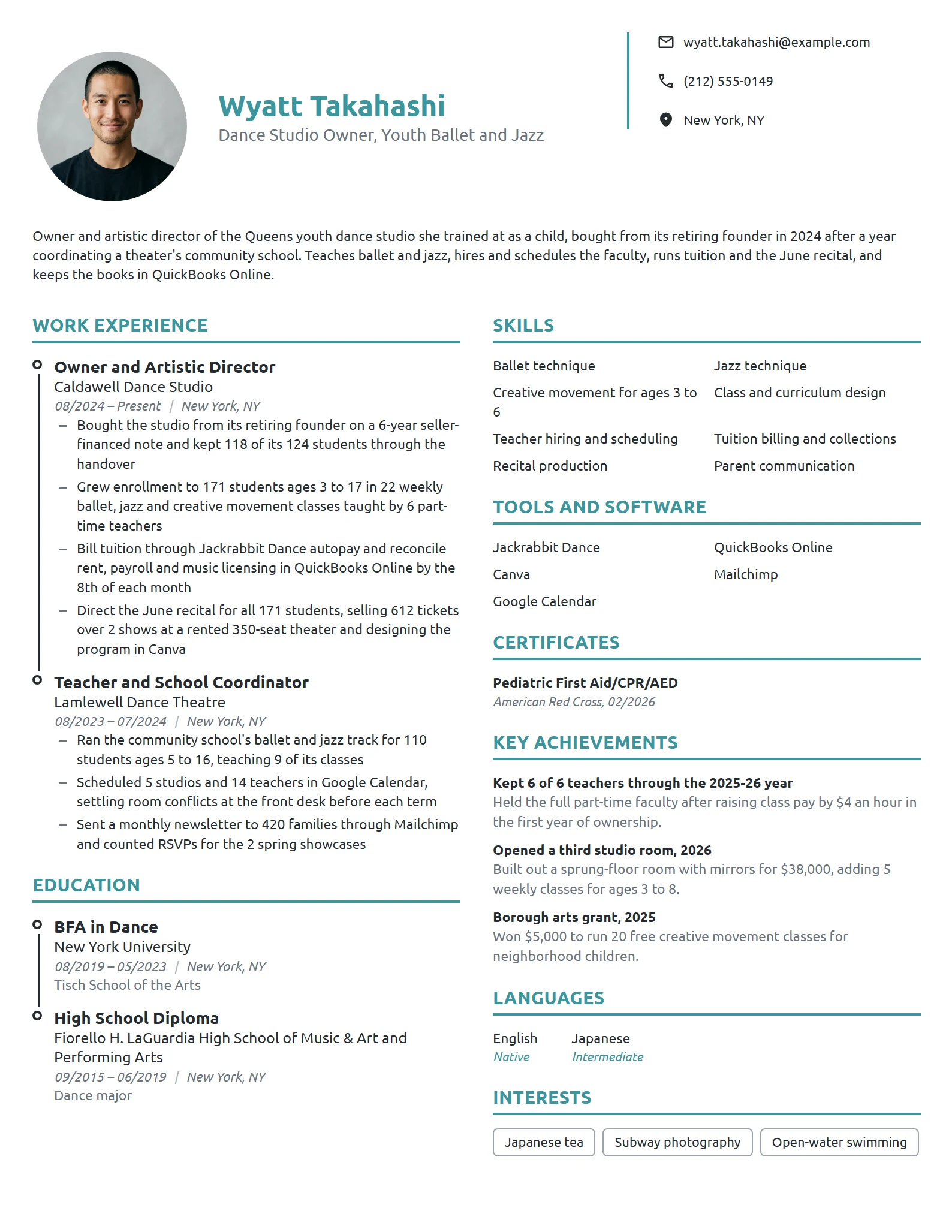 Dance Studio Owner resume example