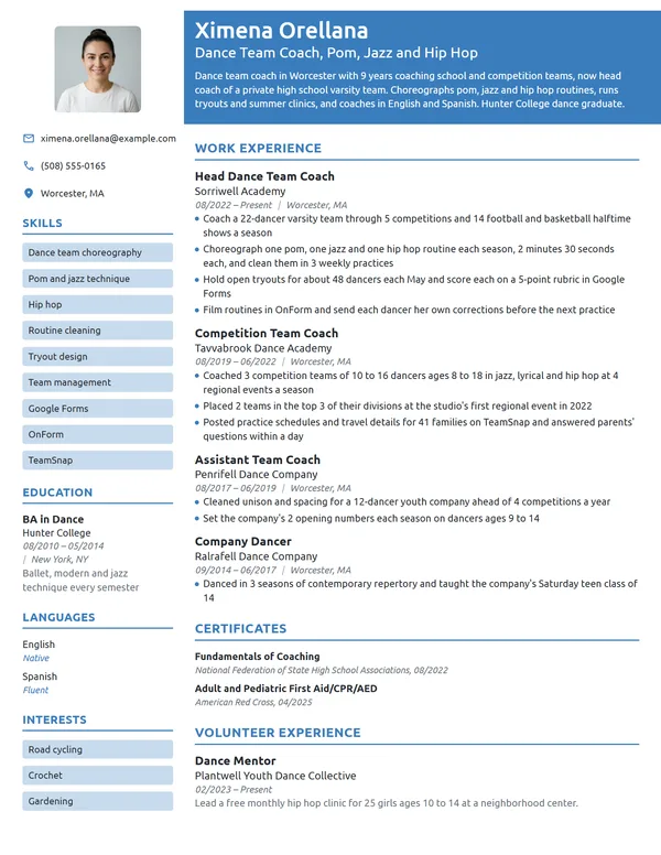 Dance Team Coach resume example