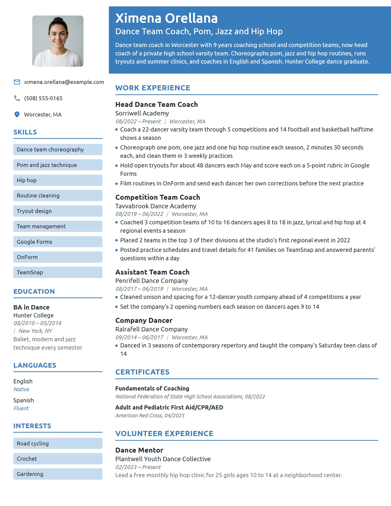 Dance Team Coach resume example
