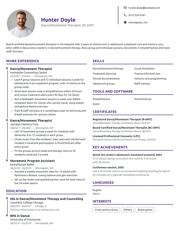 Dance Therapist resume example