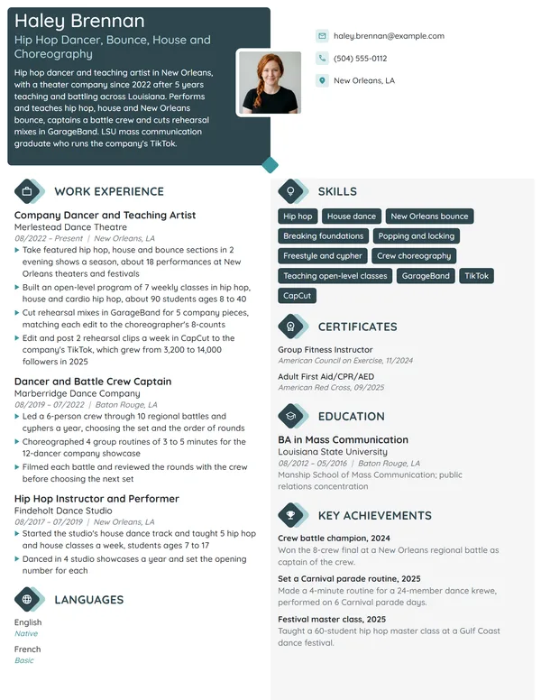 Hip Hop Dancer resume example
