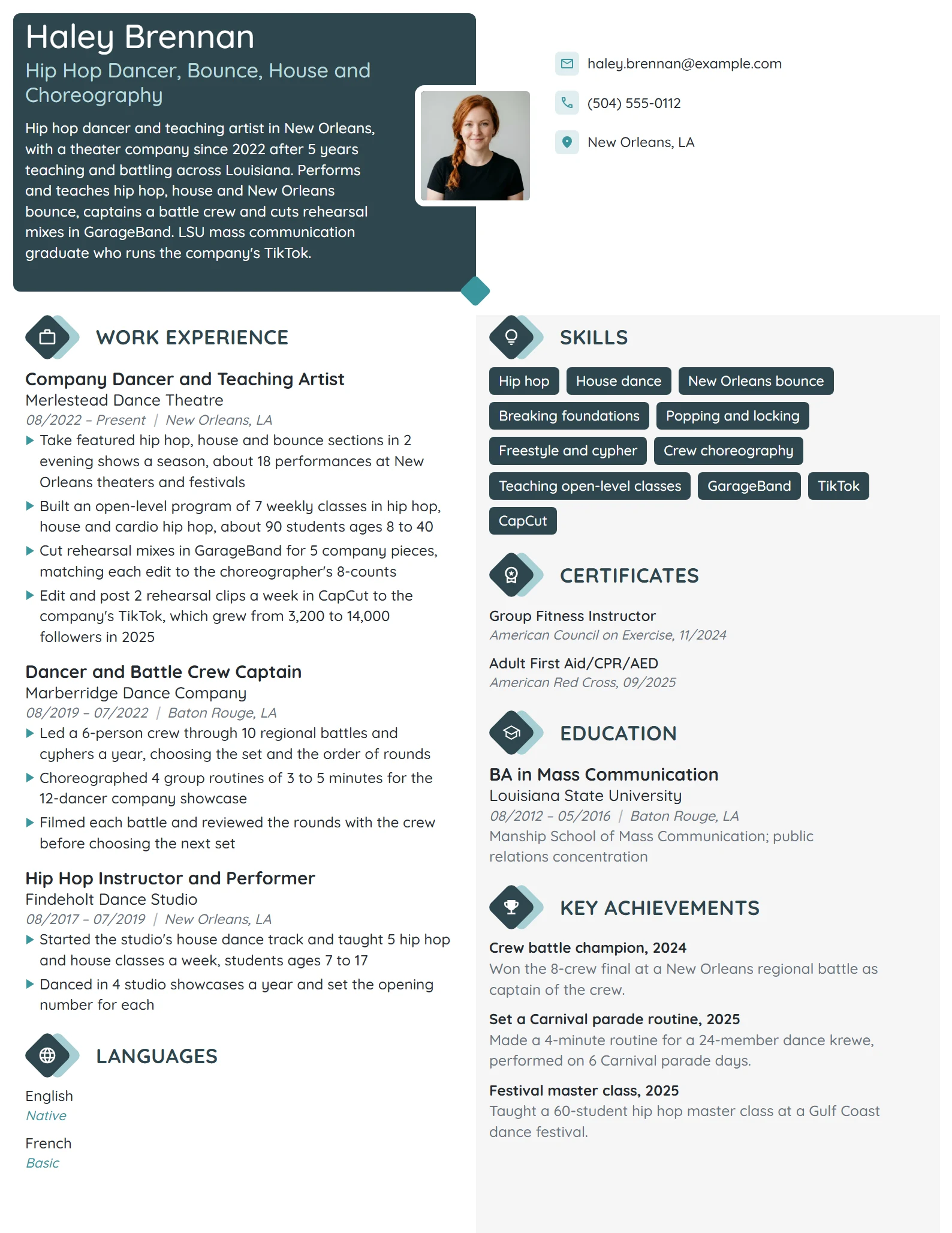Hip Hop Dancer resume example