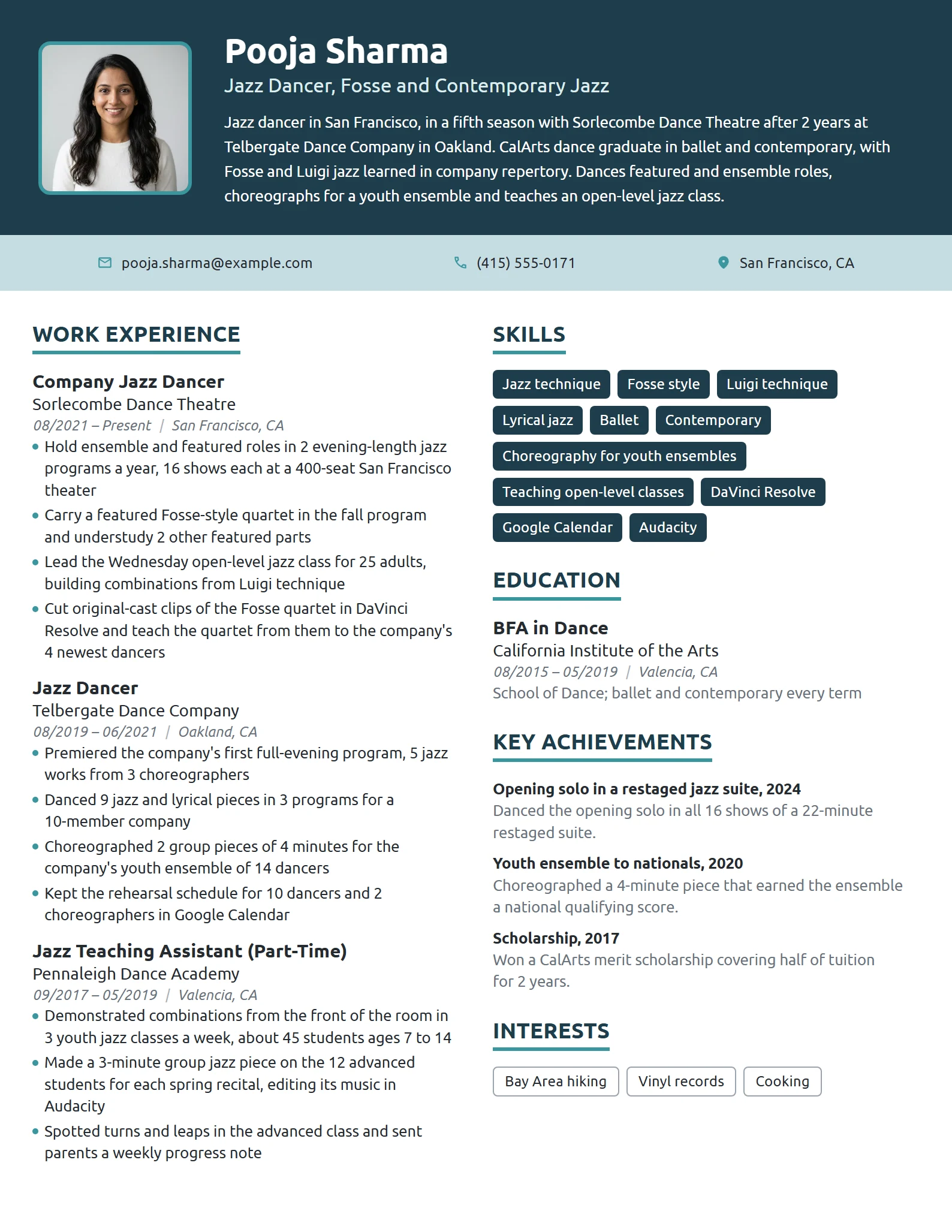 Jazz Dancer resume example
