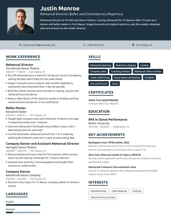 Rehearsal Director resume example