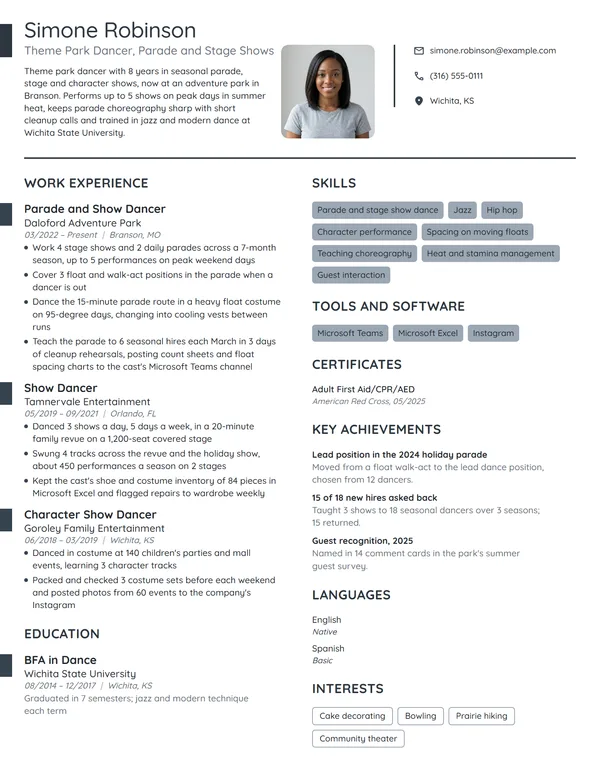 Theme Park Dancer resume example