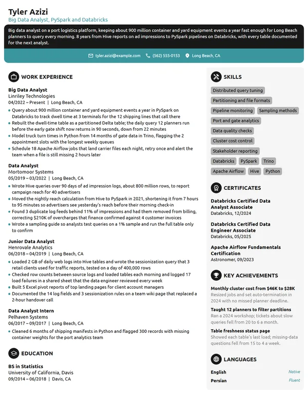 Big Data Analyst resume example