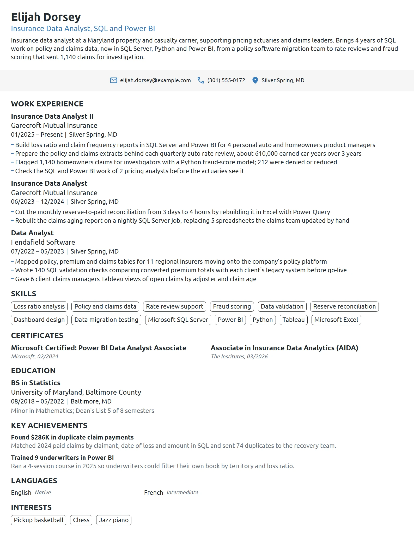 Insurance Data Analyst resume example