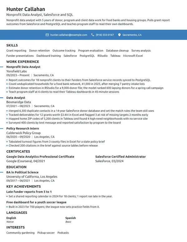 Nonprofit Data Analyst resume example