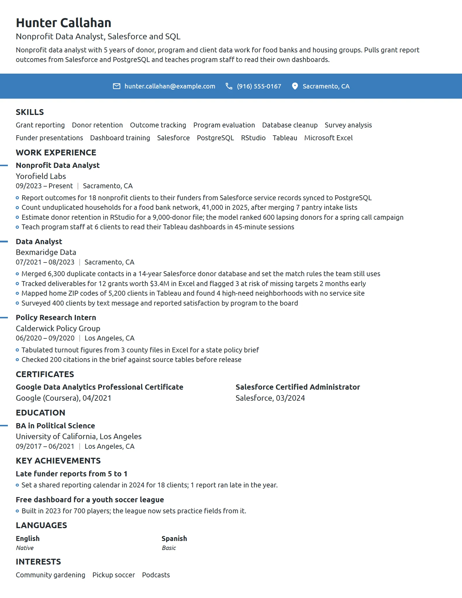 Nonprofit Data Analyst resume example