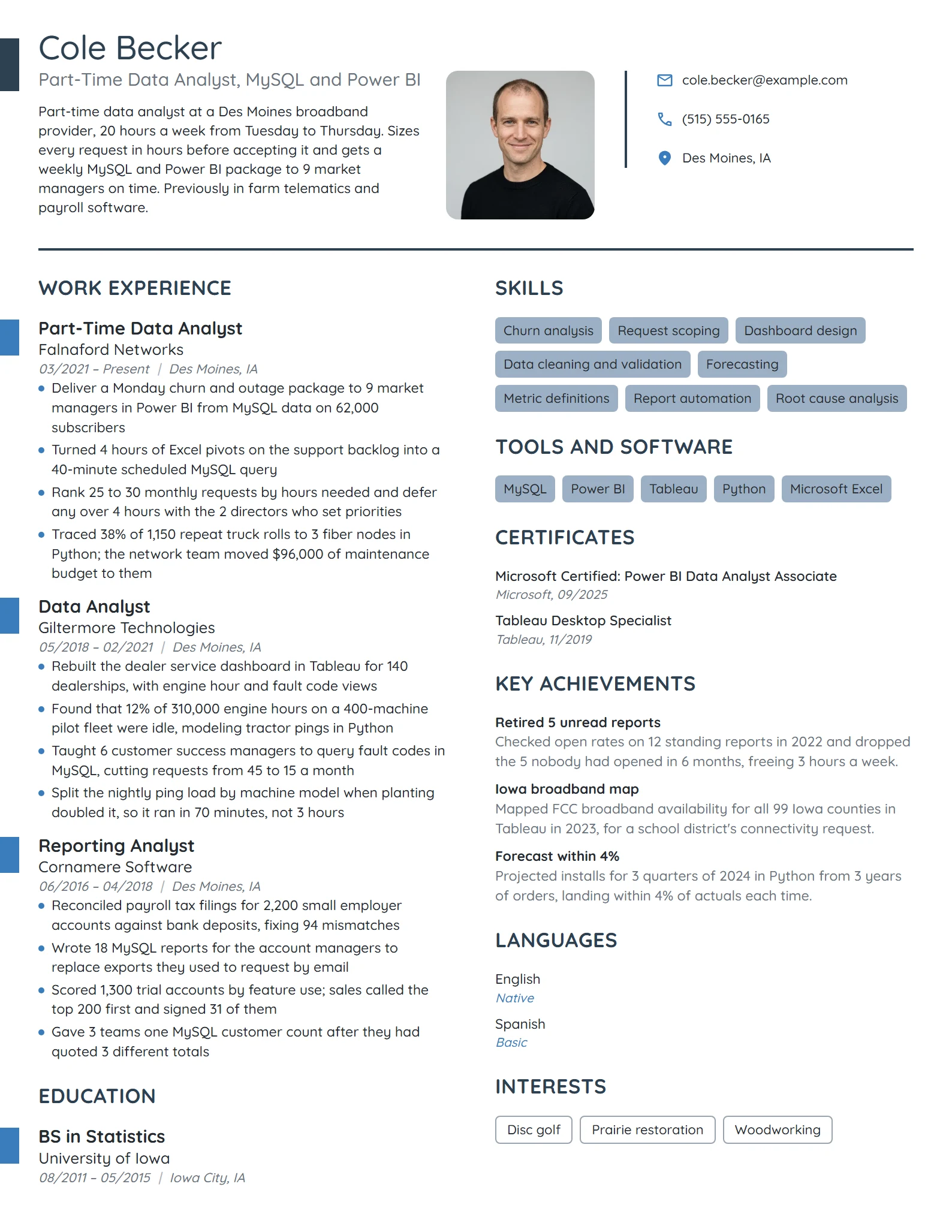 Part-Time Data Analyst resume example