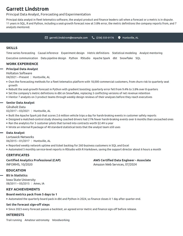 Principal Data Analyst resume example