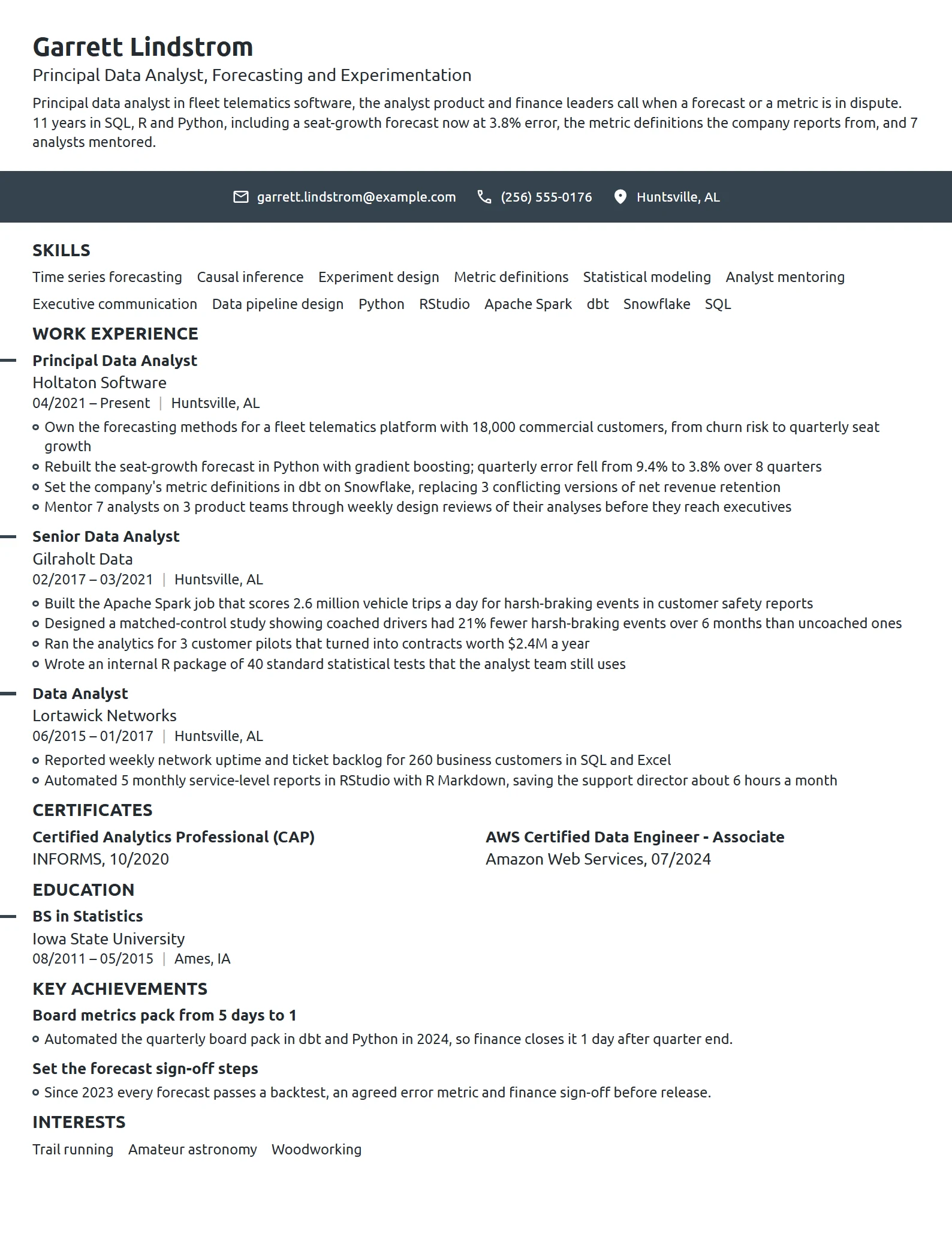 Principal Data Analyst resume example