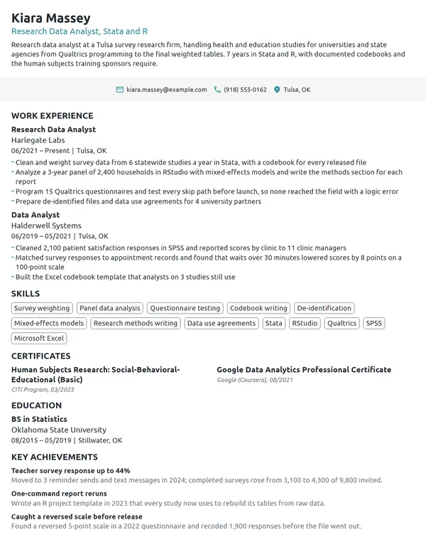 Research Data Analyst resume example