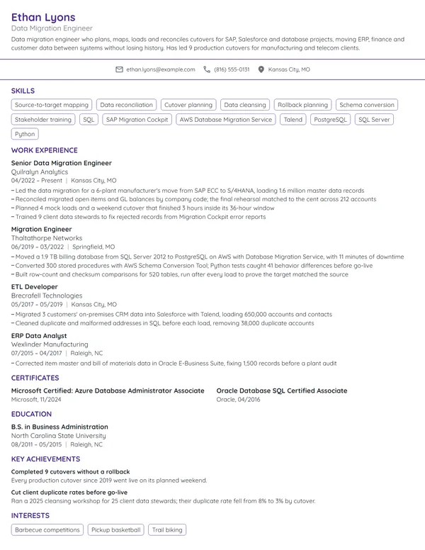 Data Migration Engineer resume example