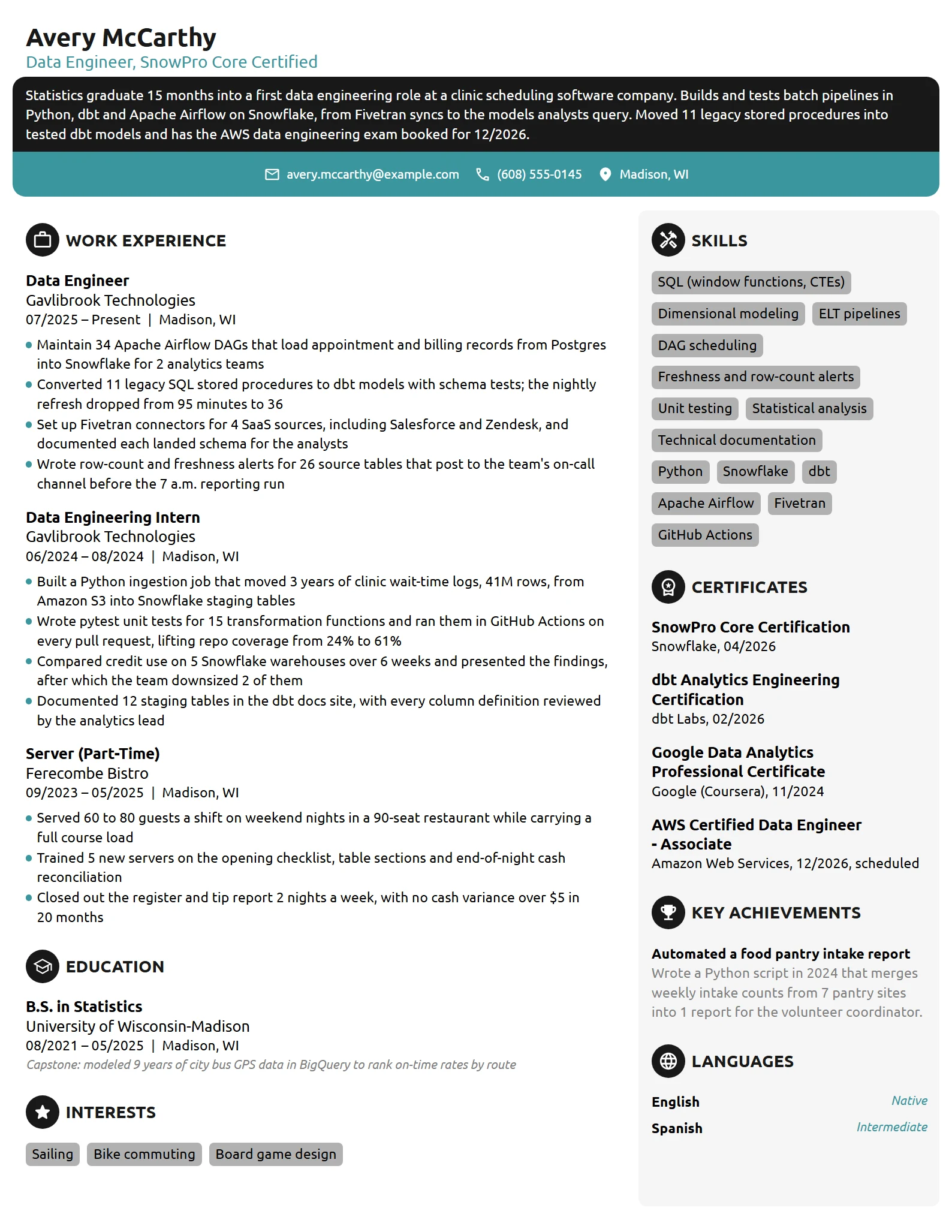 Entry-Level Data Engineer resume example
