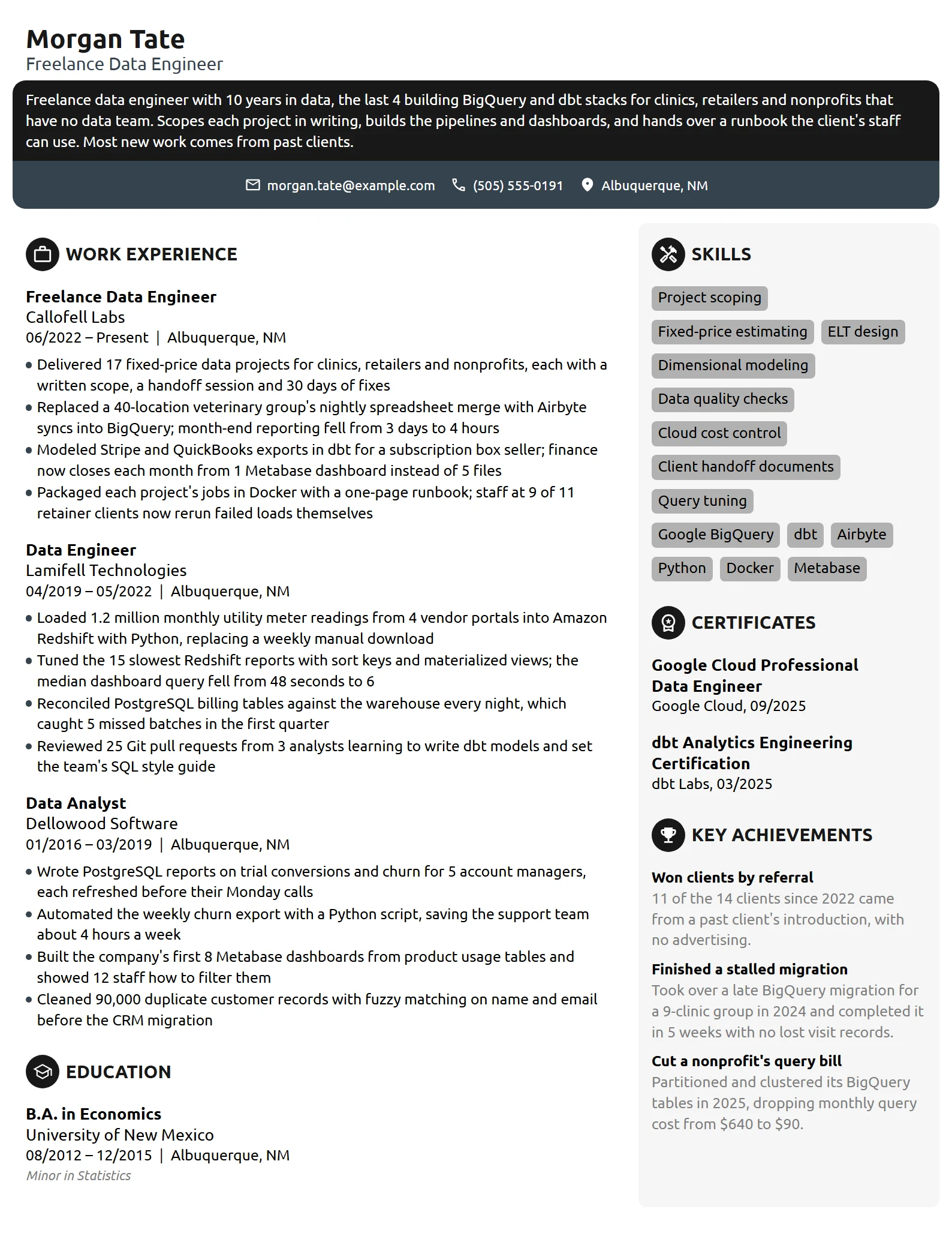 Freelance Data Engineer resume example