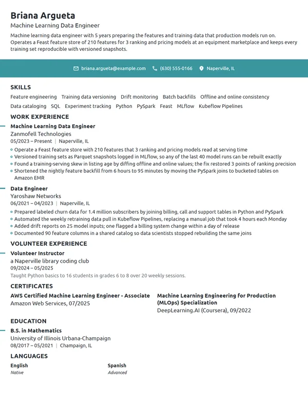Machine Learning Data Engineer resume example