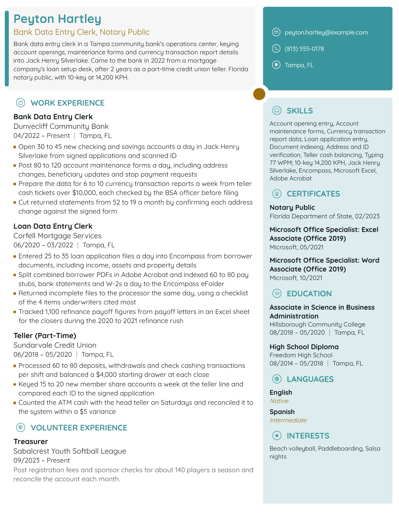 Bank Data Entry Clerk resume example