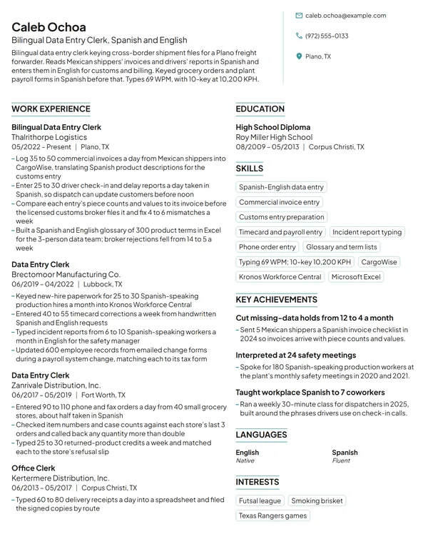 Bilingual Data Entry Clerk resume example