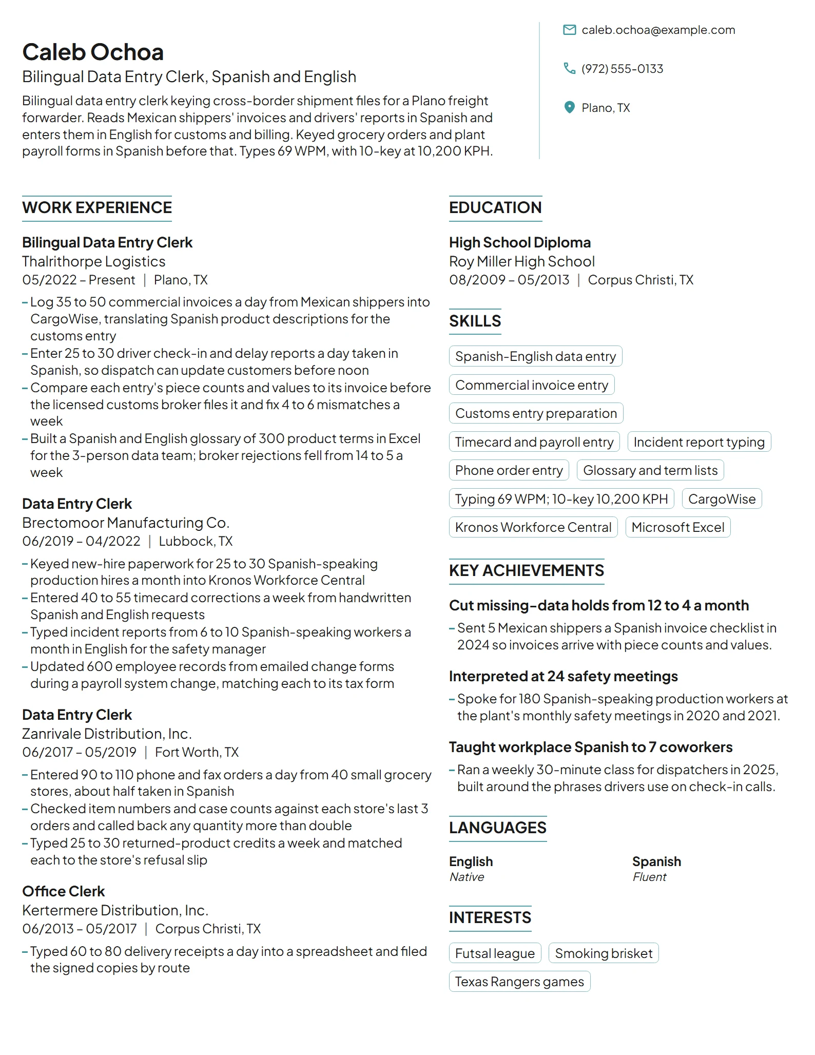 Bilingual Data Entry Clerk resume example