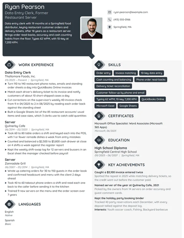 Career Change Data Entry Clerk resume example