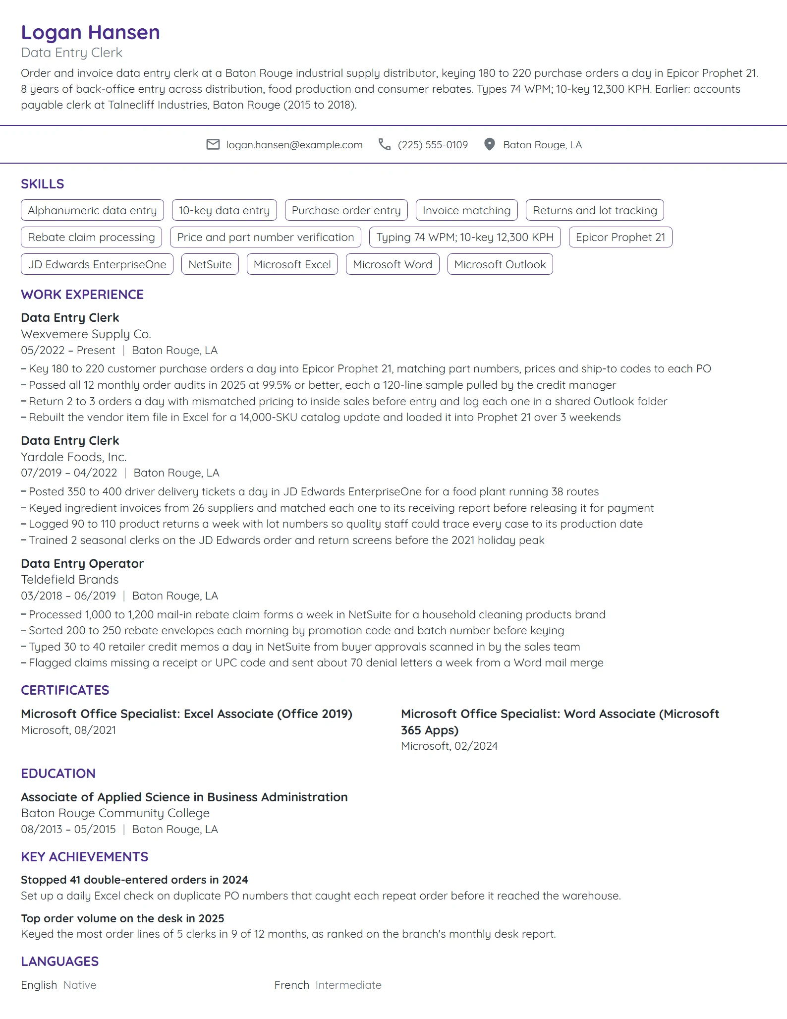 Data Entry Clerk resume example