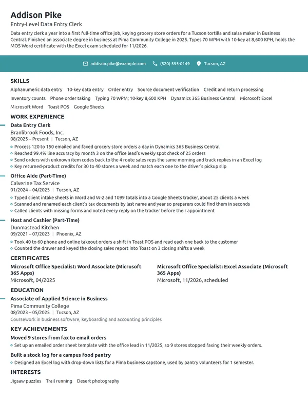 Entry-Level Data Entry Clerk resume example