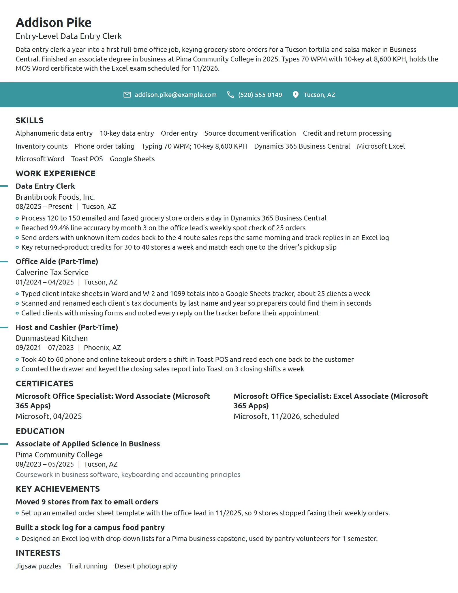 Entry-Level Data Entry Clerk resume example