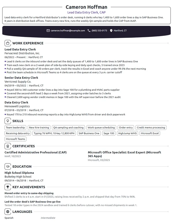 Lead Data Entry Clerk resume example