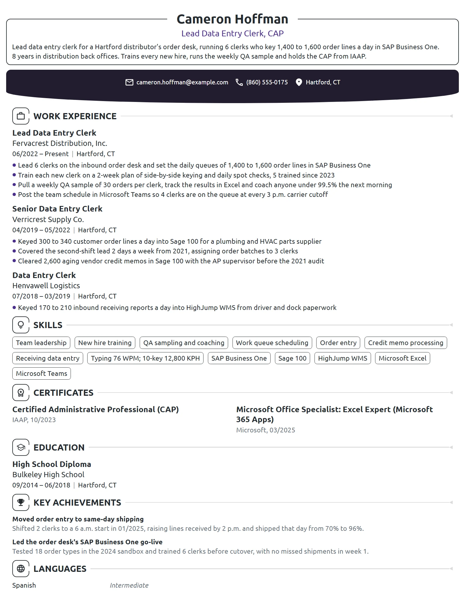 Lead Data Entry Clerk resume example