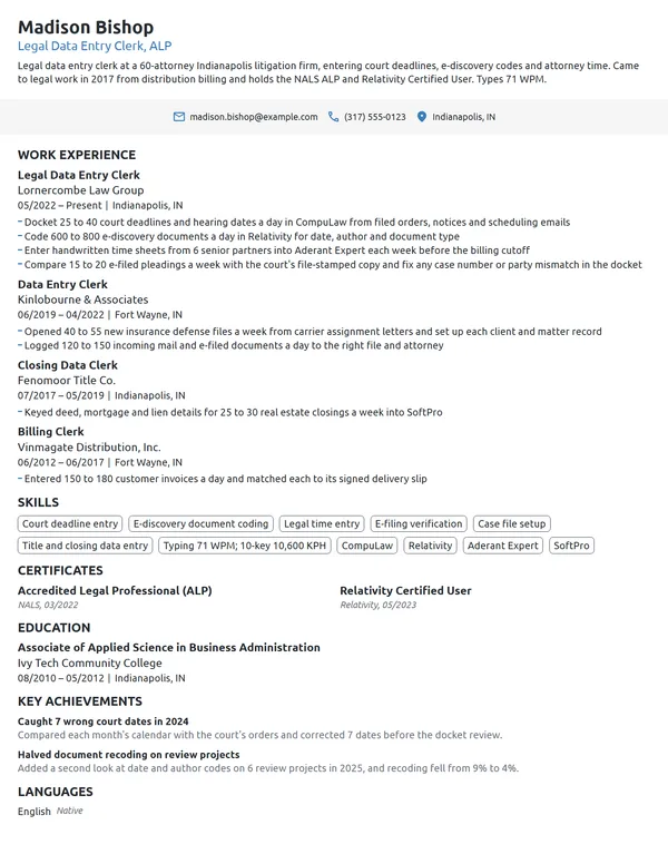 Legal Data Entry Clerk resume example