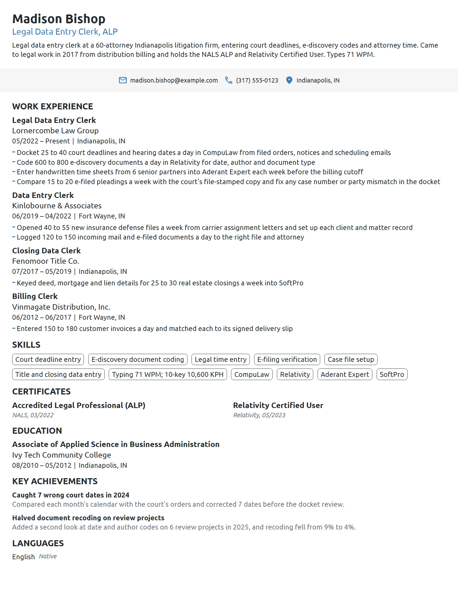 Legal Data Entry Clerk resume example