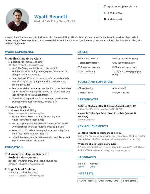 Medical Data Entry Clerk resume example