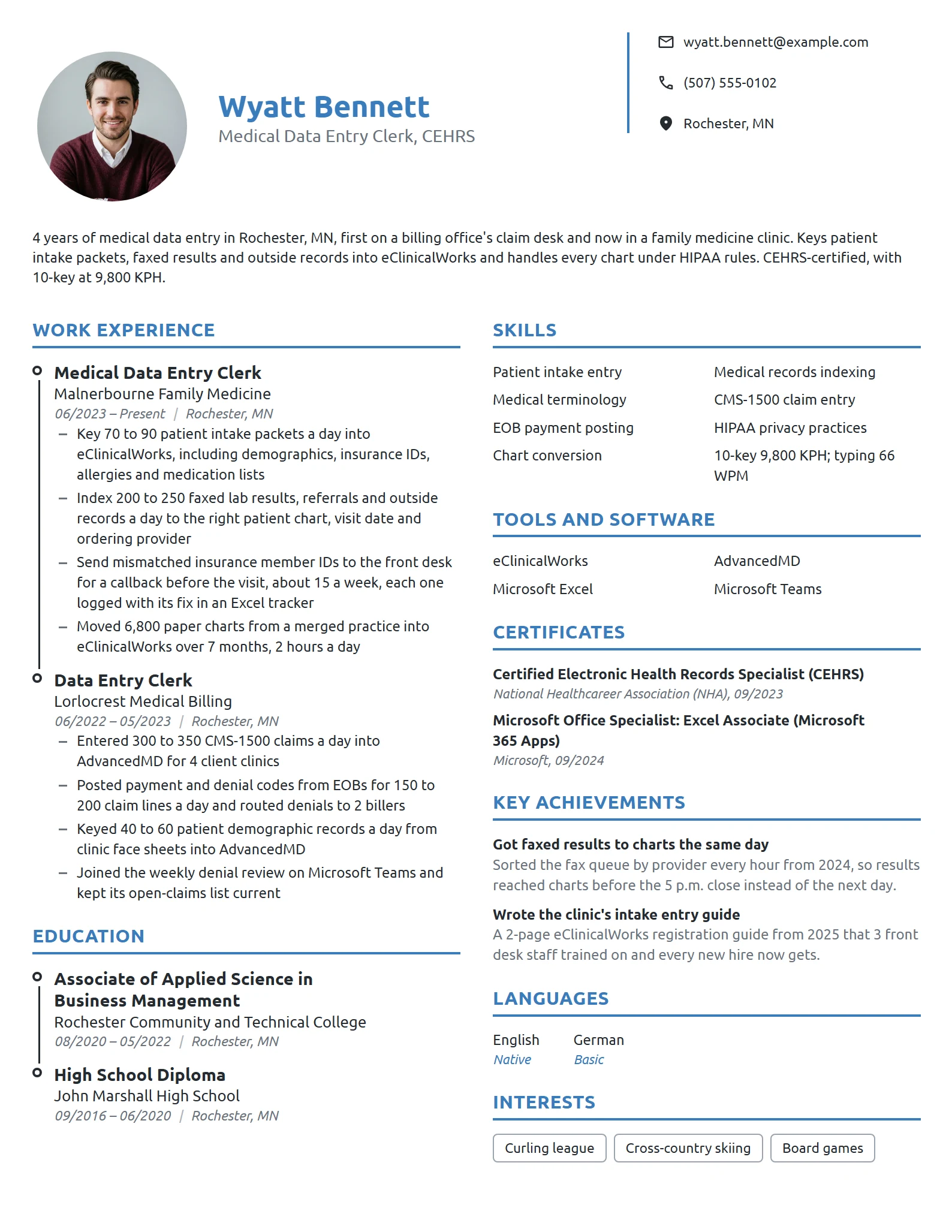 Medical Data Entry Clerk resume example