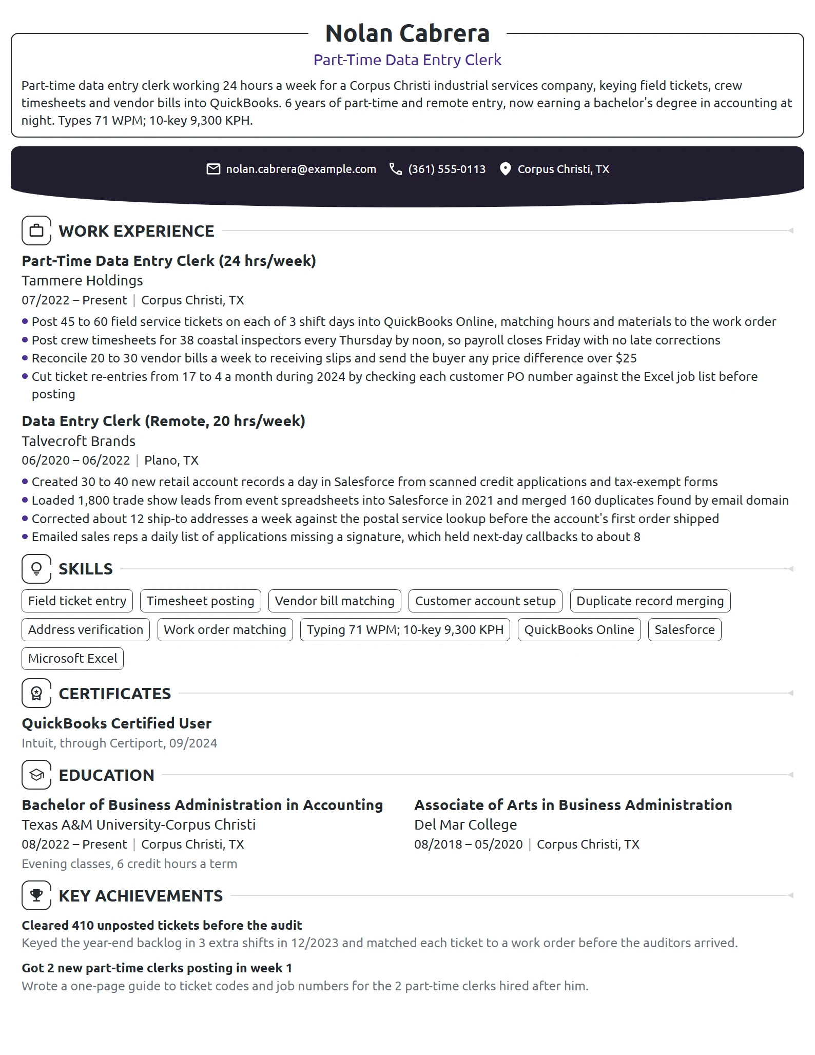 Part-Time Data Entry Clerk resume example