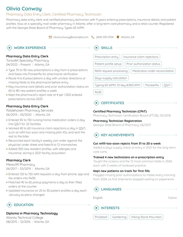 Pharmacy Data Entry Clerk resume example