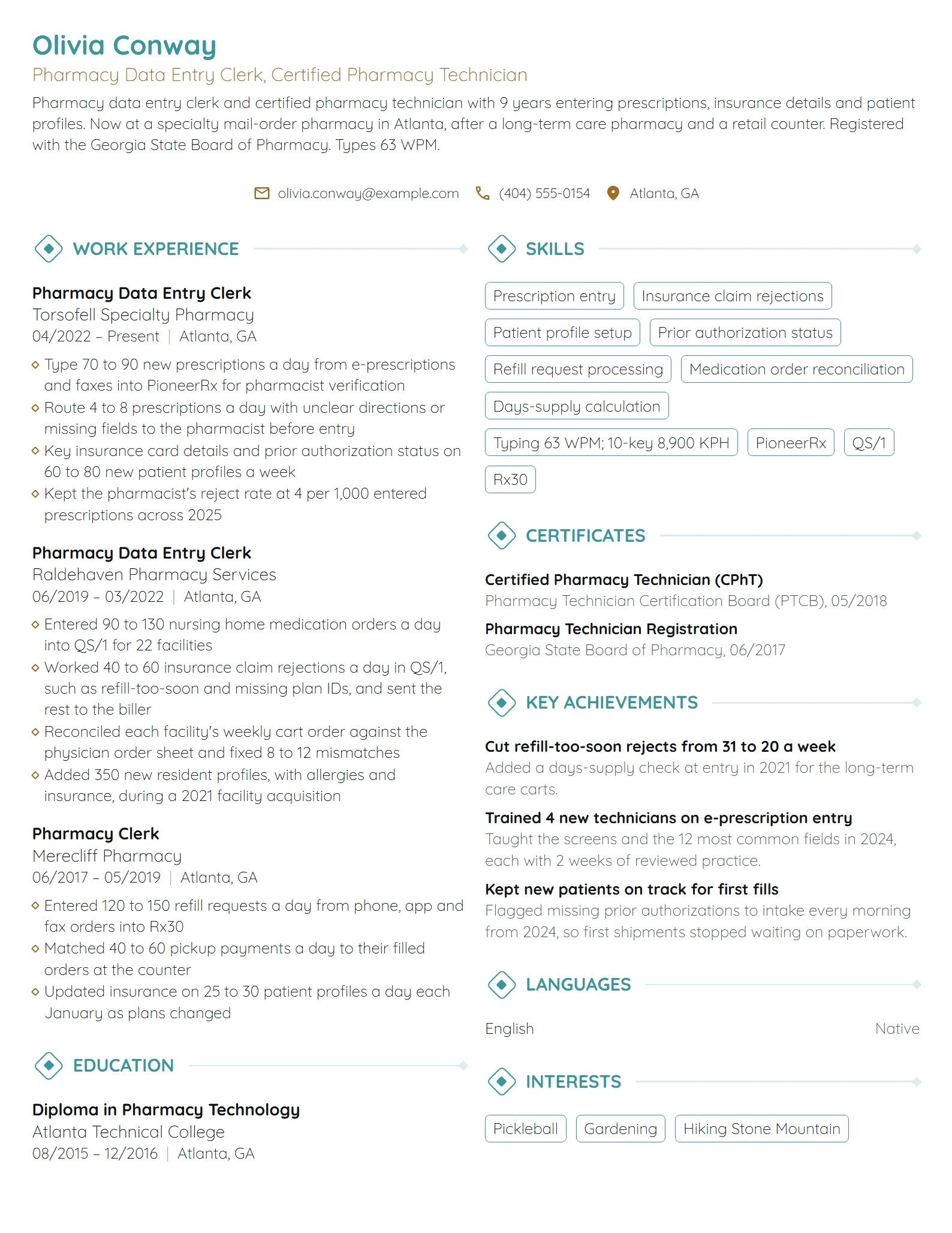 Pharmacy Data Entry Clerk resume example