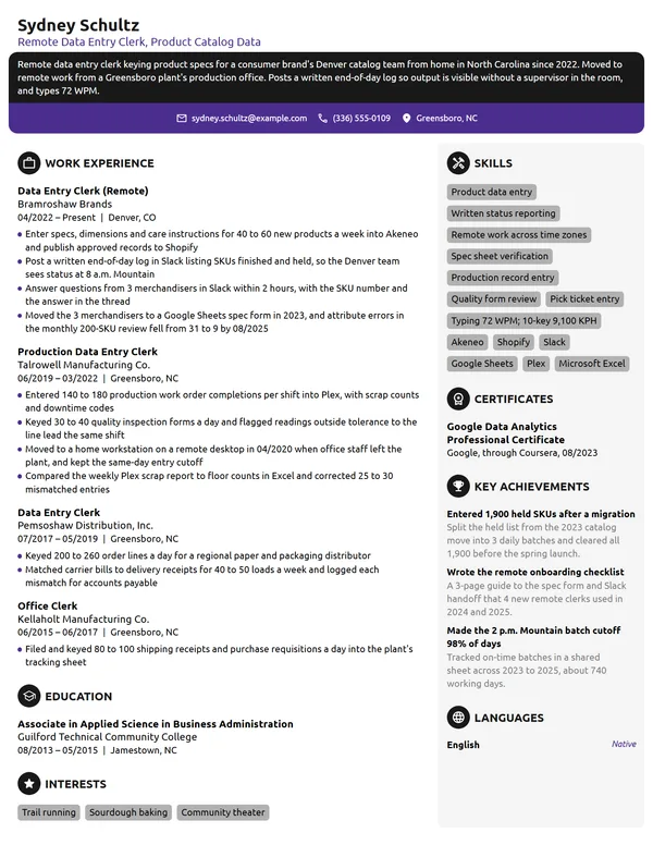 Remote Data Entry Clerk resume example