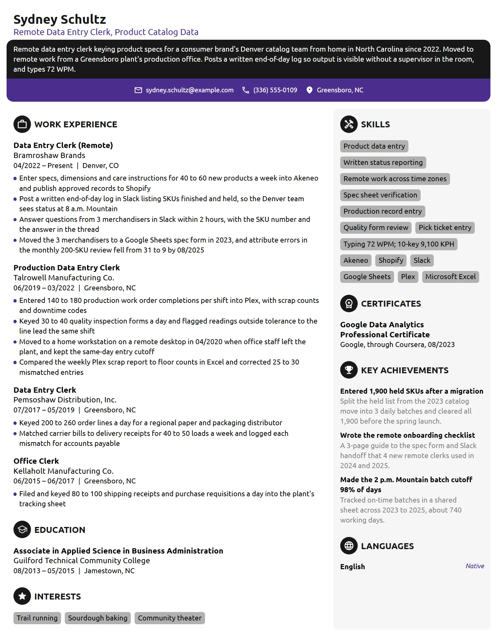 Remote Data Entry Clerk resume example
