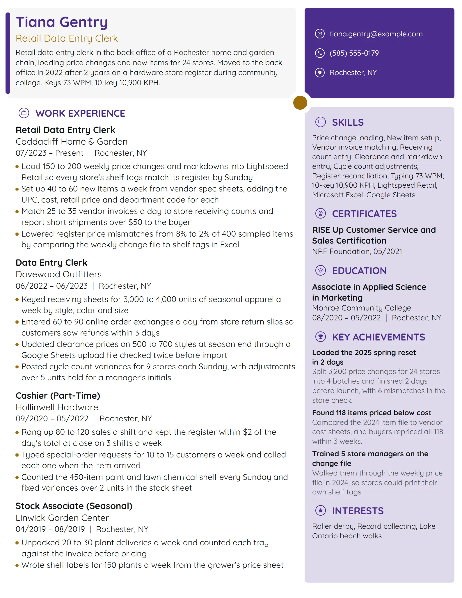 Retail Data Entry Clerk resume example