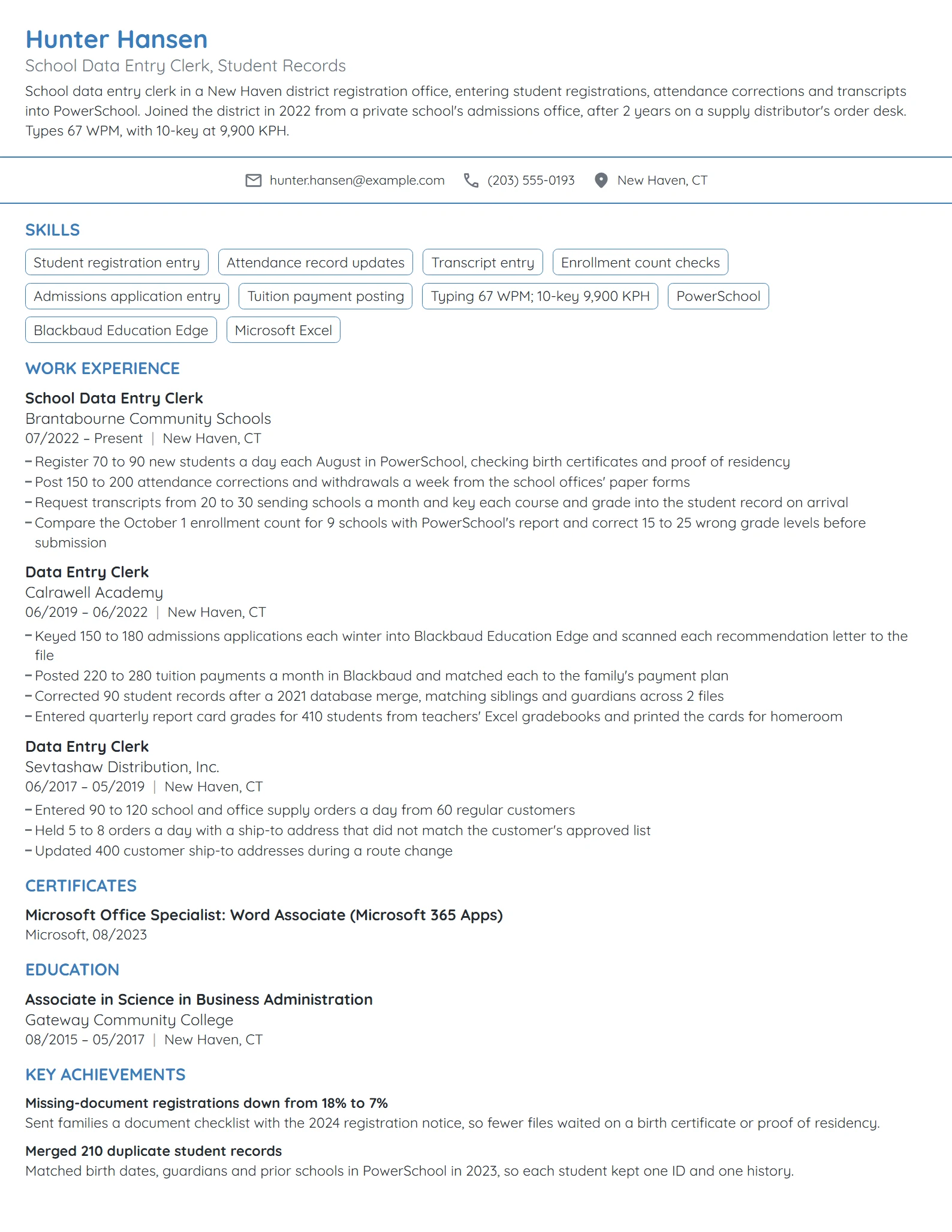 School Data Entry Clerk resume example