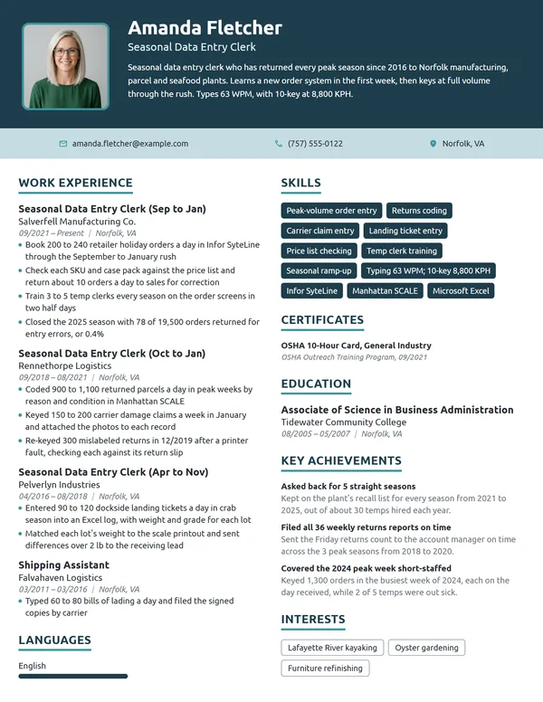 Seasonal Data Entry Clerk resume example