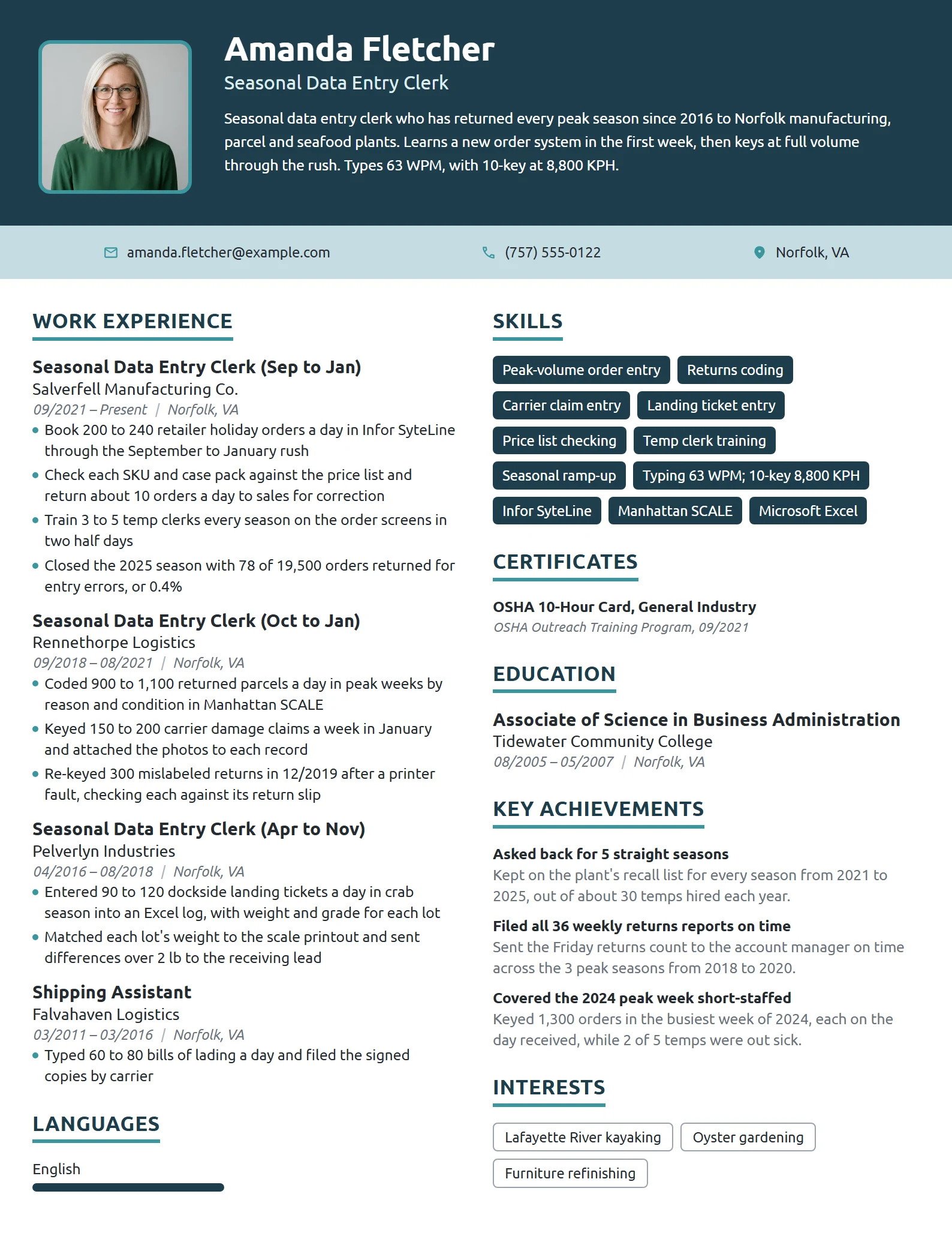 Seasonal Data Entry Clerk resume example
