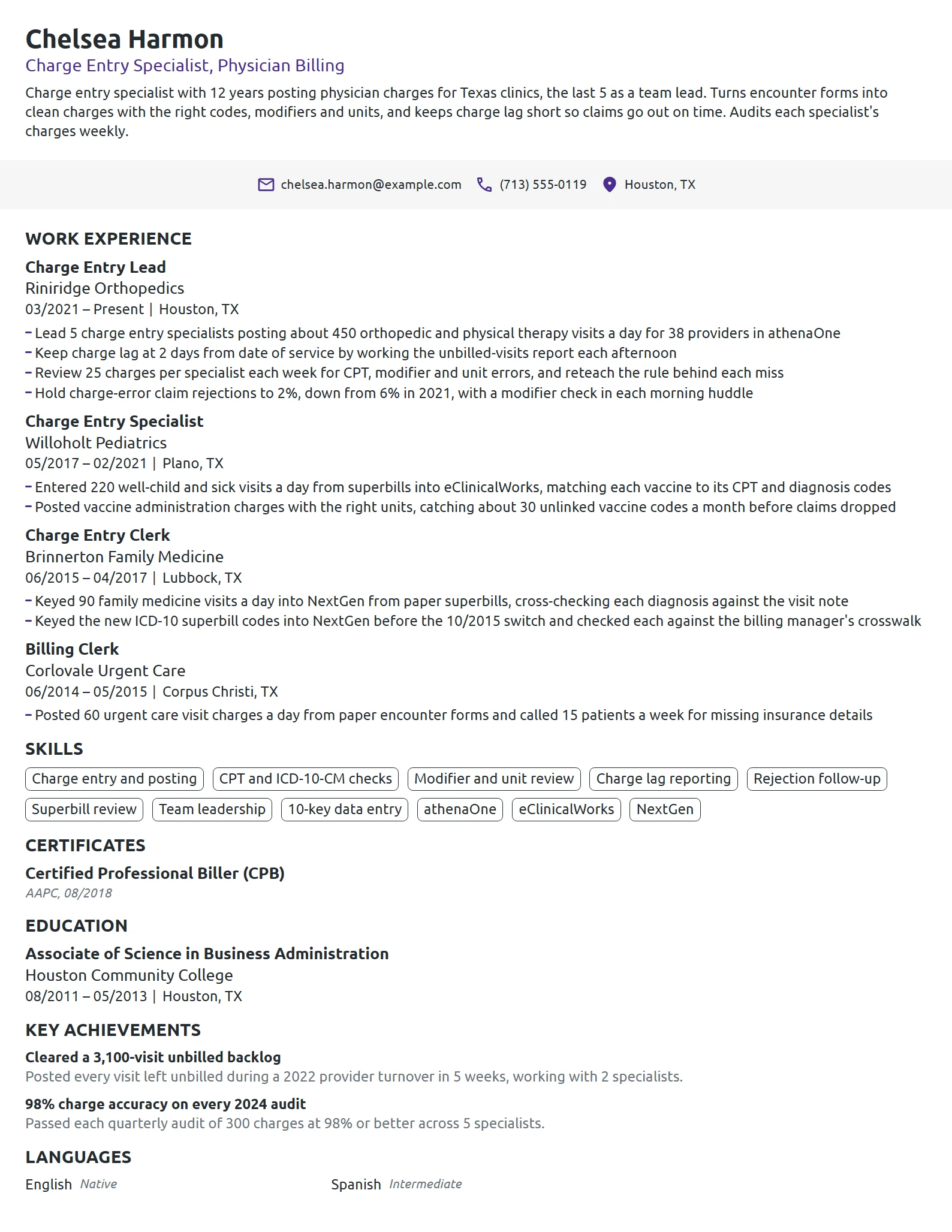 Charge Entry Specialist resume example