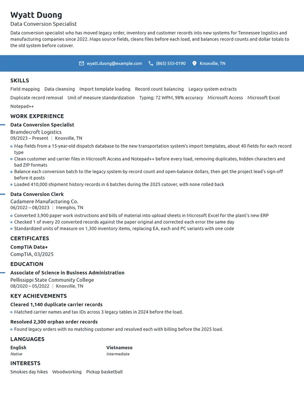 Data Conversion Specialist resume example