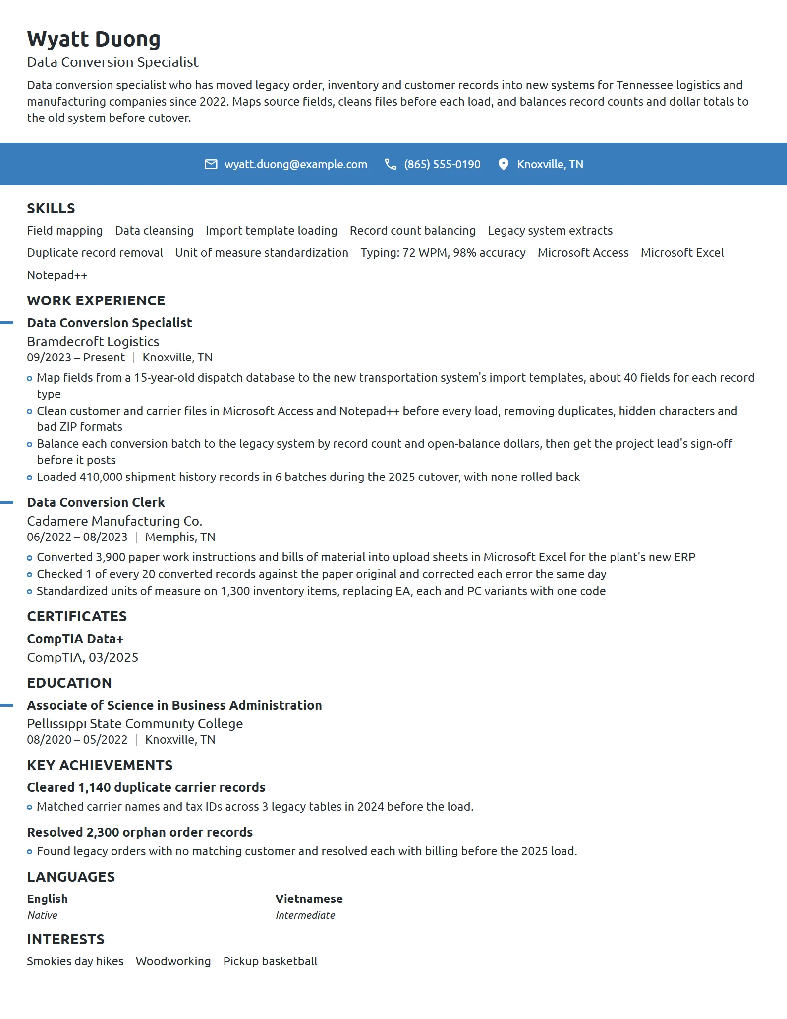 Data Conversion Specialist resume example
