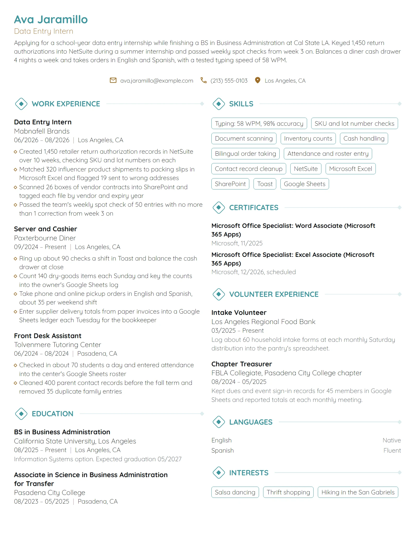 Data Entry Intern resume example