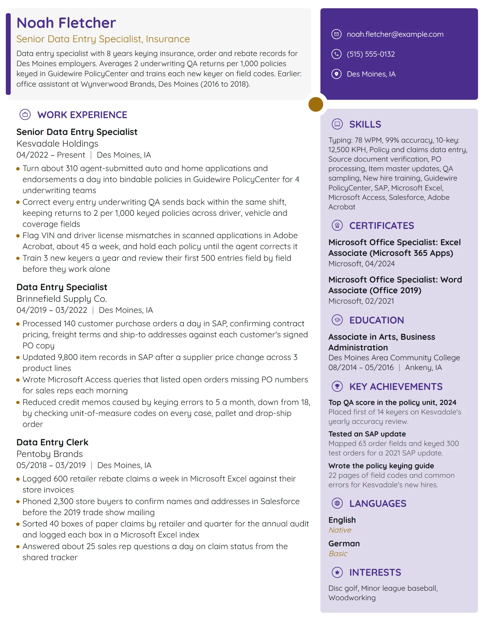 Data Entry resume example
