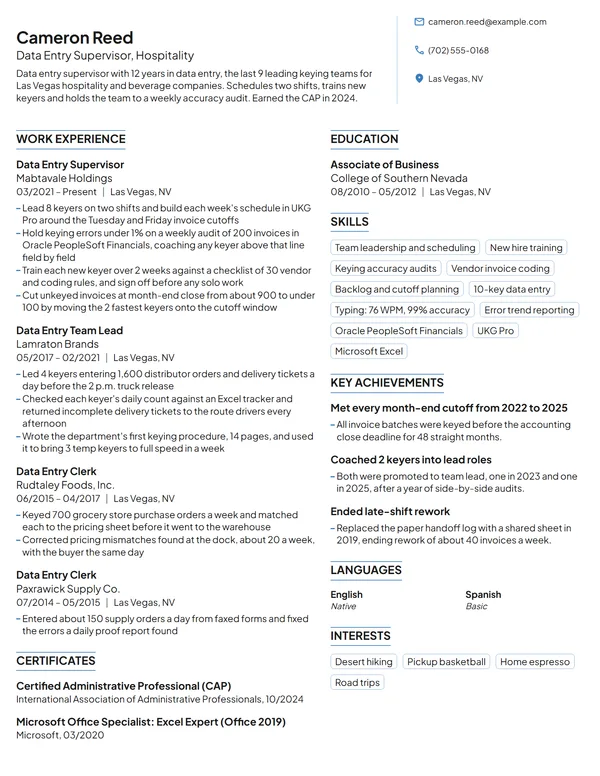 Data Entry Supervisor resume example